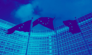 Sinisävyinen kuva, jossa kolme EU-lippua salossa, taustalla hallintorakennus ja pilvinen taivas 