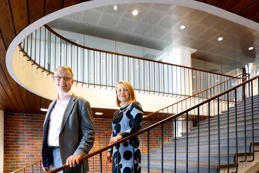 Energiateollisuuden toimitusjohtaja Jukka Leskelä ja Teknologiateollisuuden johtaja Annukka Saari seisovat portaissa.