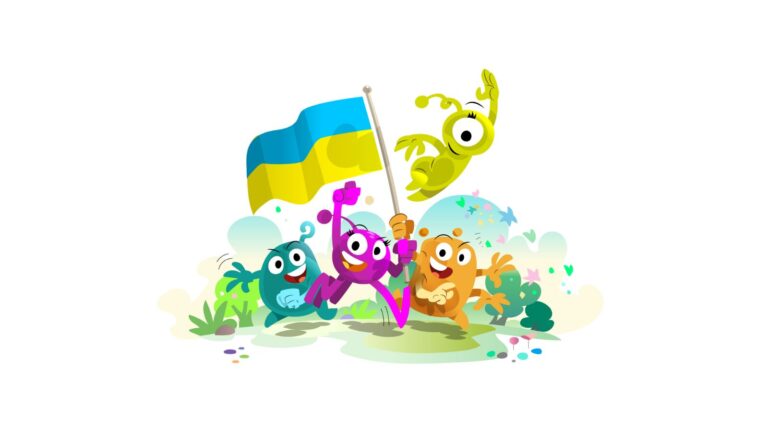 Oppimateriaalin piirroshahmot kantavat Ukrainan lippua