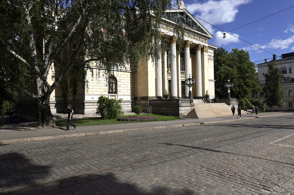 Säätytalon portaikon pylväät kuvattuna kadulta, vasemmalla etualalla koivun oksia lehtineen.